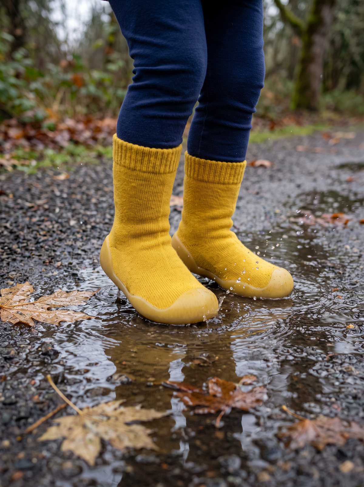 Toddler stepping through a rain puddle on a gravel path wearing yellow Meriweather sock shoes